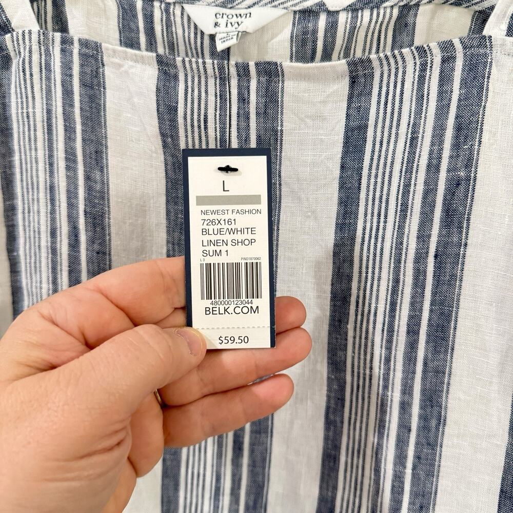NWT Crown & Ivy Women's L Blue White Striped Linen Tie Shoulder Tank Top Blouse - Picture 4 of 8